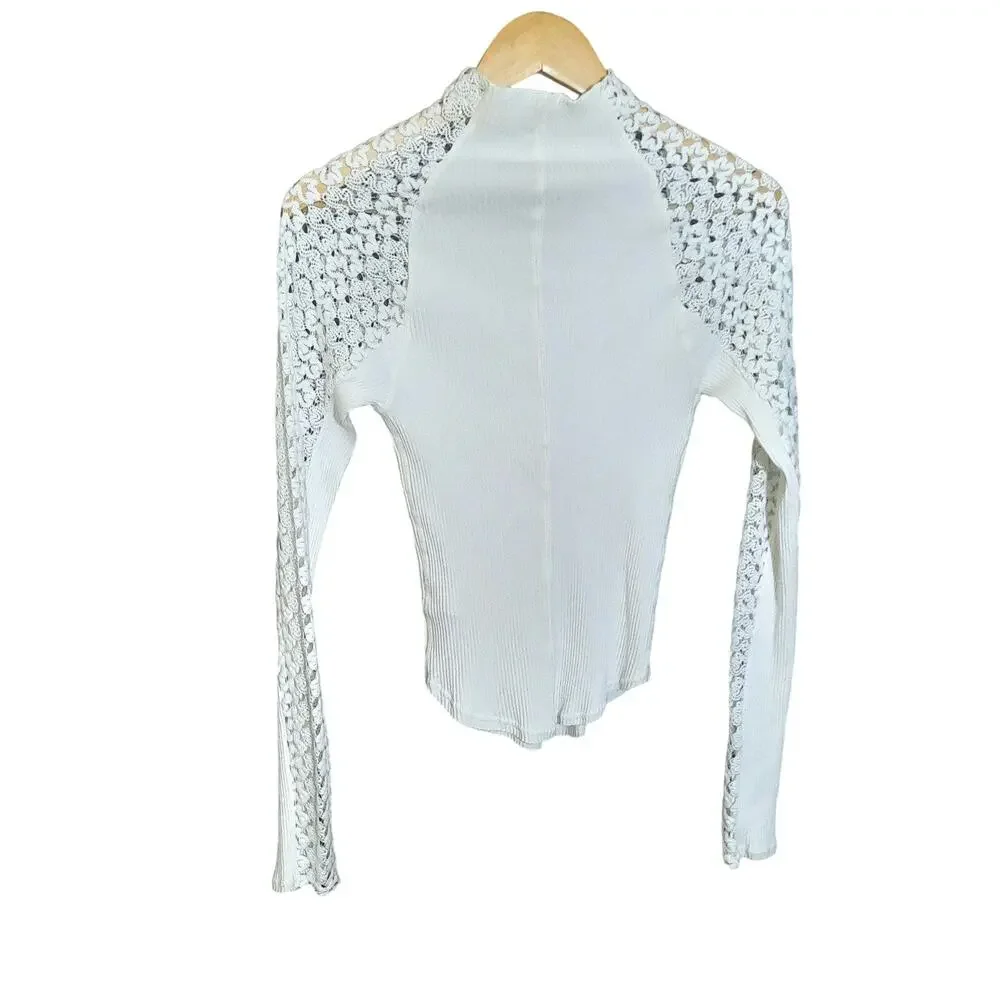 Free People Clemente Mixed Media Womens Lacy Sleeve Stretch Top Size Medium